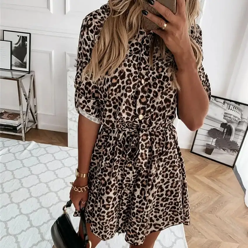 Skjortklänning Dam Leopardmönster Justerbart Bälte Polyester