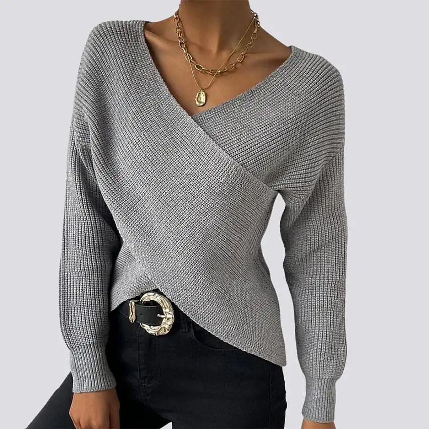 Stickad Dam Tröja V-ringning Långa Ärmar Mjuk Akryl