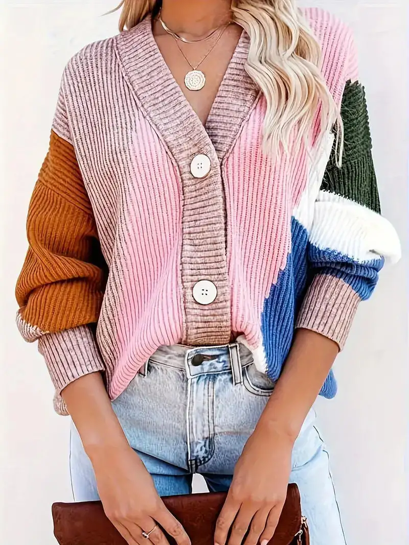 Dam Cardigan Färgblock V-Neck Mjuk Stickad Kvalitet