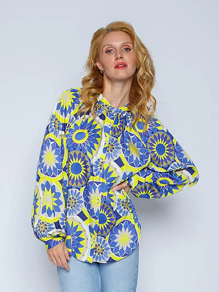 Blus Dam Avslappnad Viskos Mandala Mönster med Elegant Ärmar