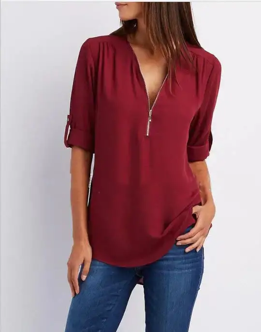Dam Blus Halv Dragkedja Bomull Klassisk Stil
