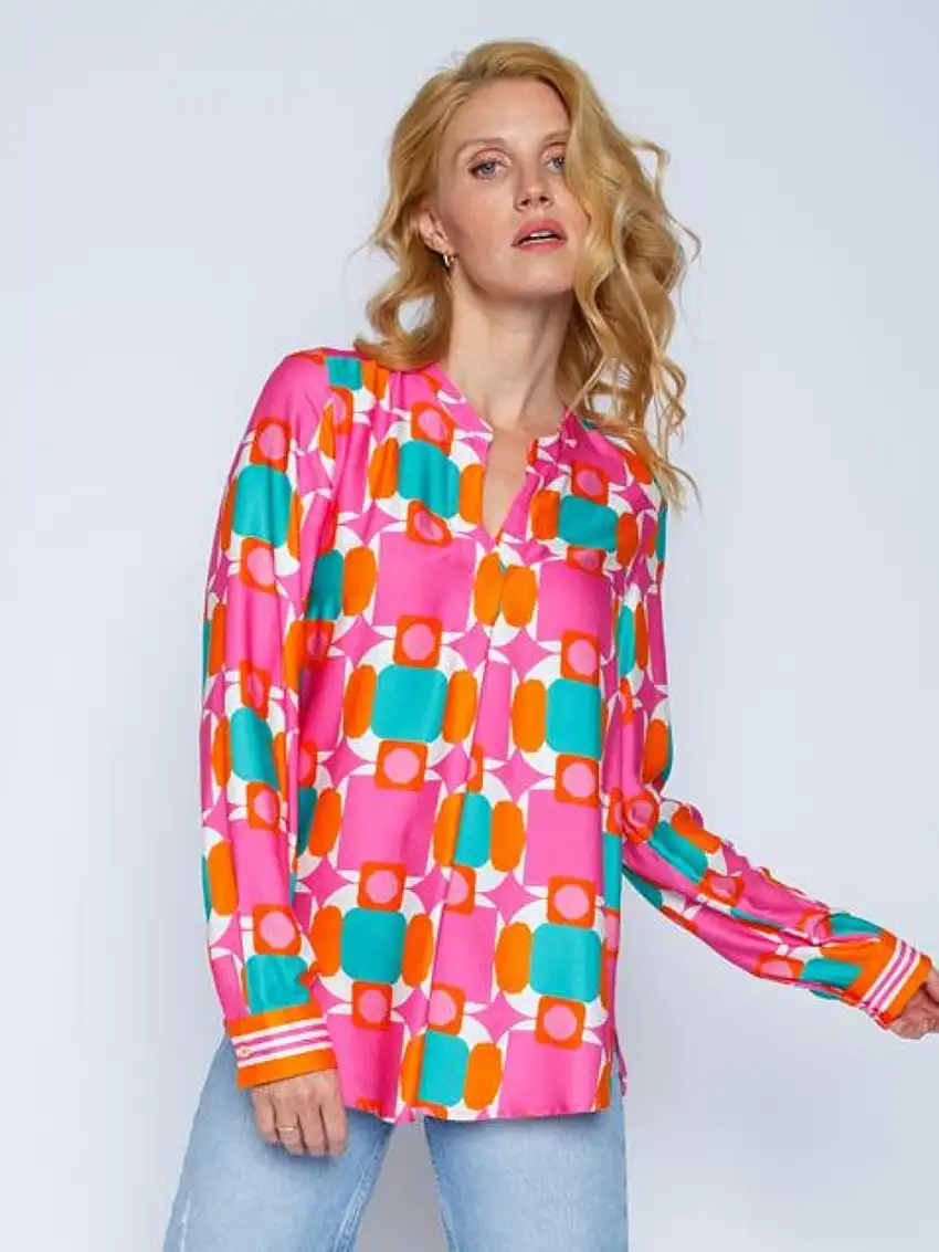 Blus Dam Geometrisk Design Viskos Satin Avslappnad Snitt