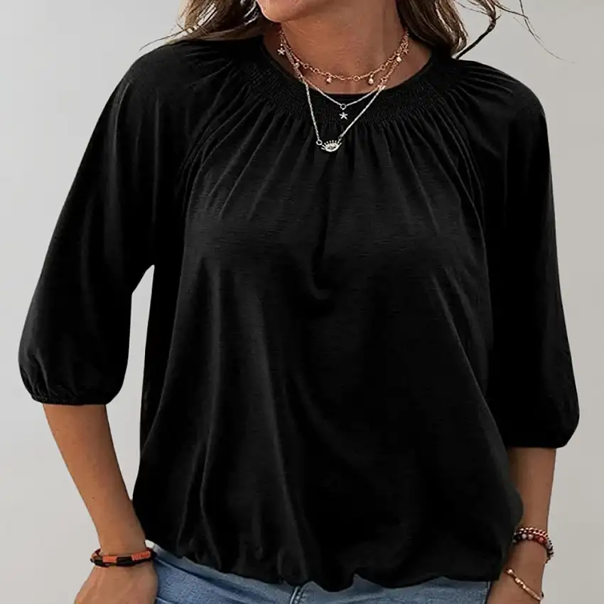 Vit Dam Blus Puffärmar Smockad Halsringning Polyester