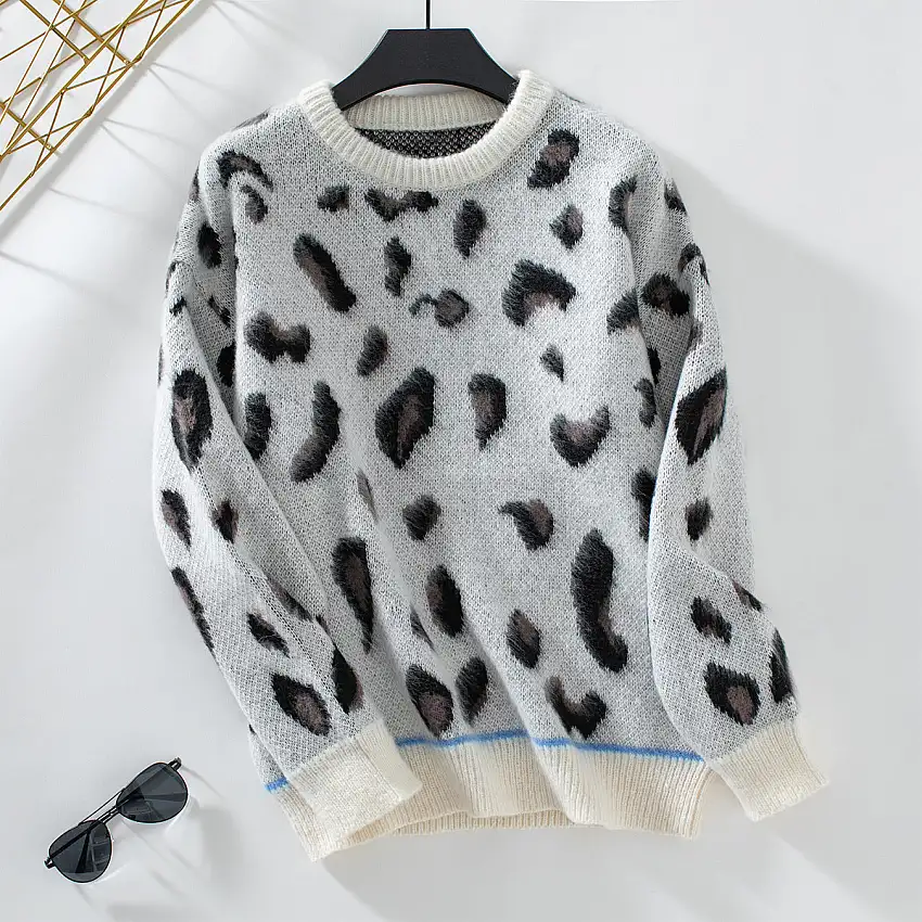 Dam Fleece Pullover Leopard Jacquard Mjuk Polyester