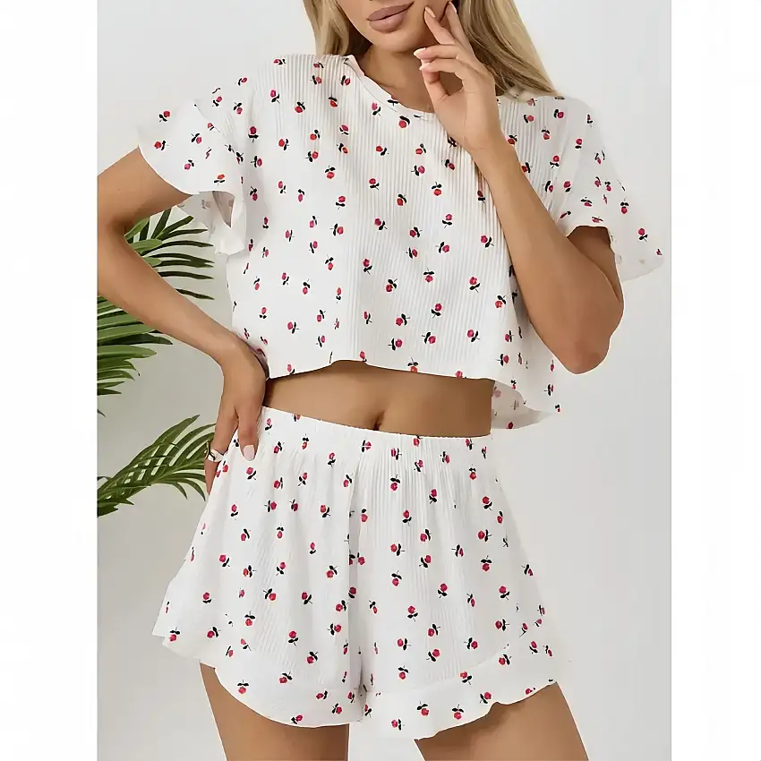 Dam Fritidsset Blommig Kortärmad Polyester