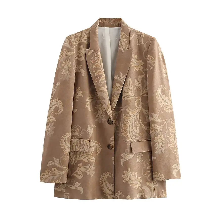 Dam Blazer Löst Vadderad Reverskrage Blommig Design