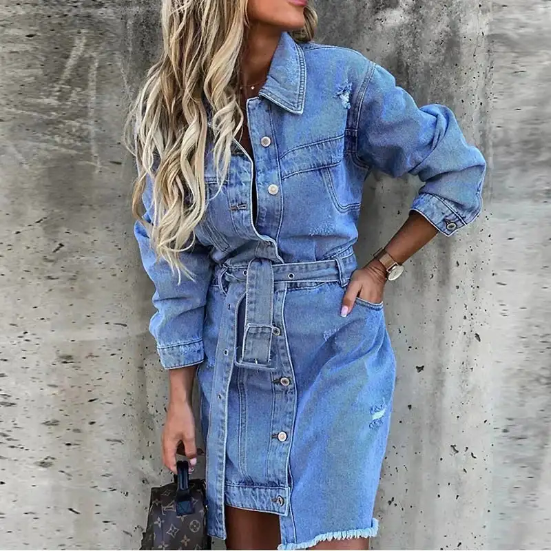 Skjortklänning Dam Justerbar Midja Denim