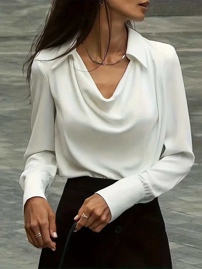 Vit Dam Blus Vattenfallskrage Polyester Elegant