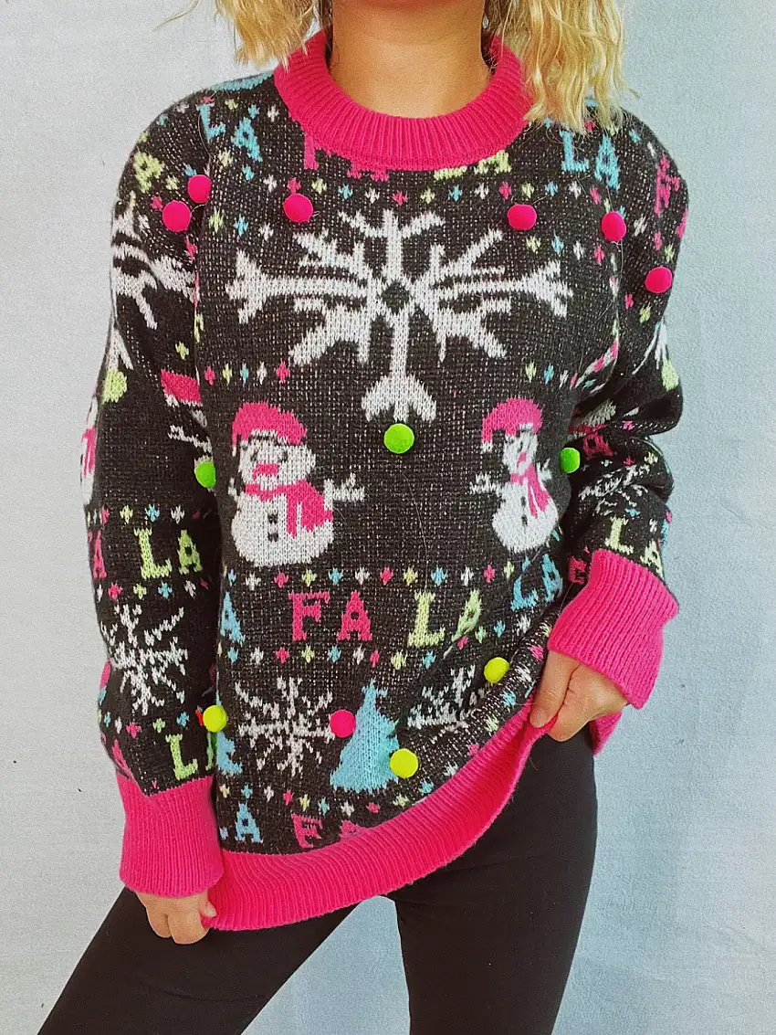 Stickad Dam Tröja med Snögubbe Motiv i Mjukt Material
