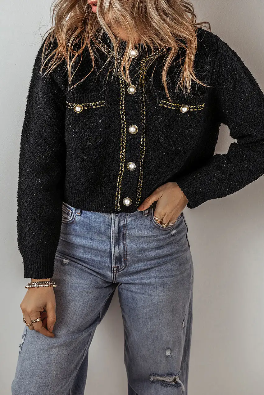 Dam Cardigan med Knappdesign och Fickor i Högkvalitativt Tyg