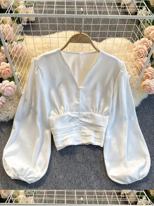 Vit Dam Blus V-ringad Kortärmad Polyester med Puffärmar