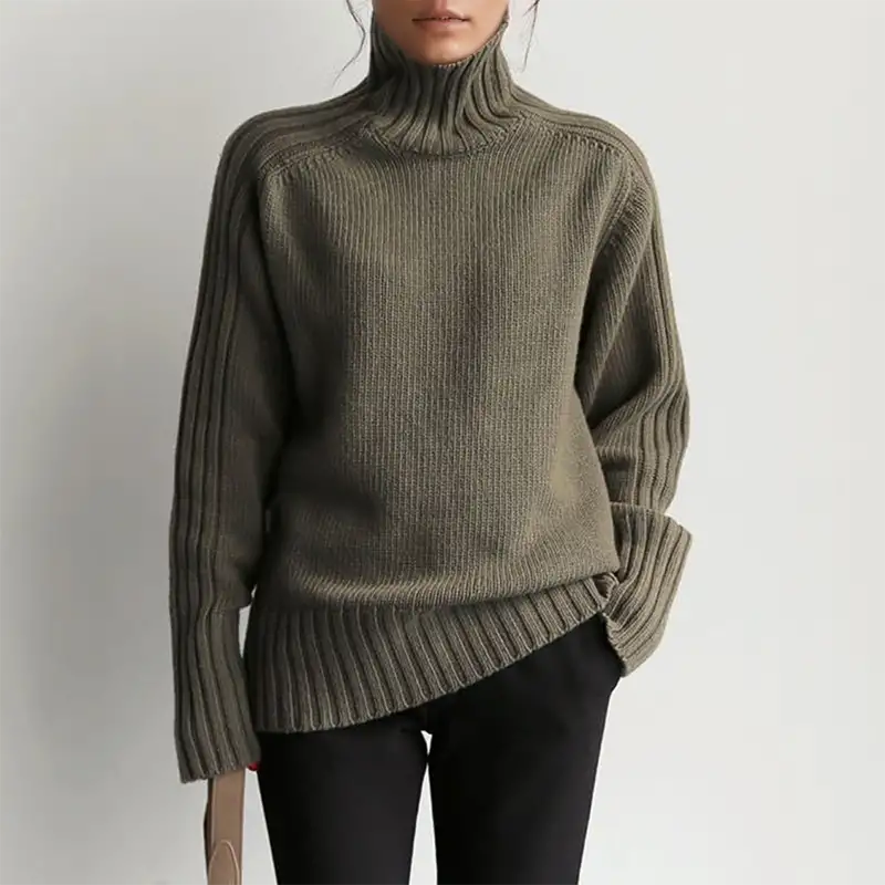 Stickad Dam Tröja Turtleneck Ribbstickad Bouclé-Ullmix