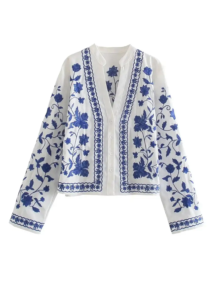 Dam Kofta Blommig Design Bomull Långärmad Lös Passform