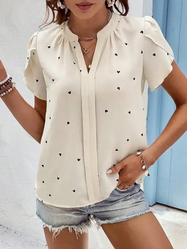 Blus Dam Figurbetonad Höftlängd Stretch Polyester med Hjärtmönster