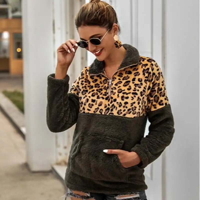 Dam Fleece Pullover Leopardsmönster Mjuk och Bekväm