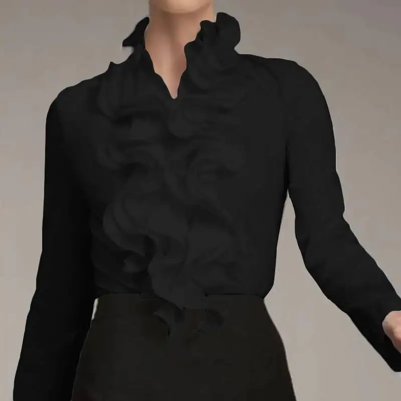 Vit Dam Blus Ruffled Polyester med Stand-Up Krage