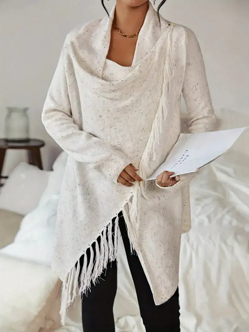 Stickad Dam Turtleneck Tröja med Fransar Asymmetrisk Akrylblandning