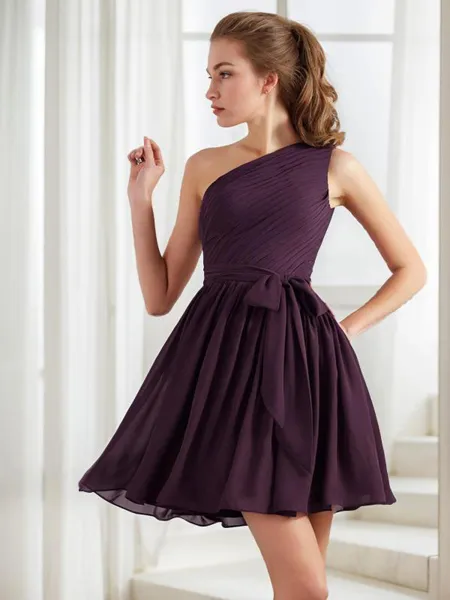 Chic A-linje One-Shoulder Ärmlös Kort/Mini Chiffong Brudtärneklänningar Med Veck