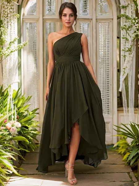 Klassisk A-linje One-Shoulder Ärmlös Asymmetrisk Chiffong Brudtärneklänningares