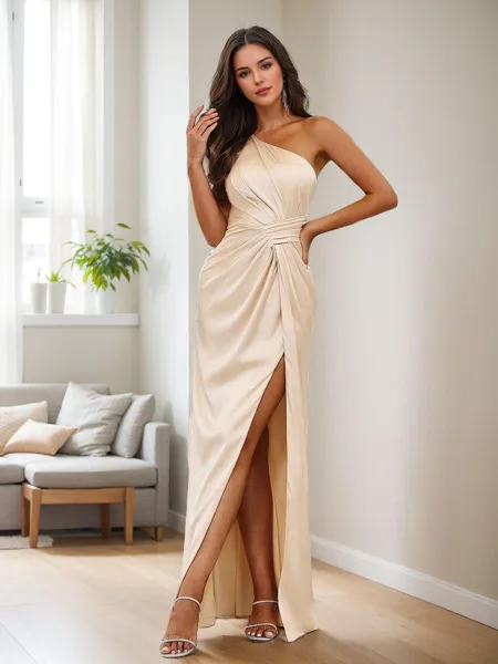 Jacka Sleek One-Shoulder Golvlång Siden som satin Brudtärneklänningar With Slit