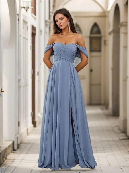 A-linje Skön Off-shoulder Golvlång Chiffong Brudtärneklänningar Med Slit