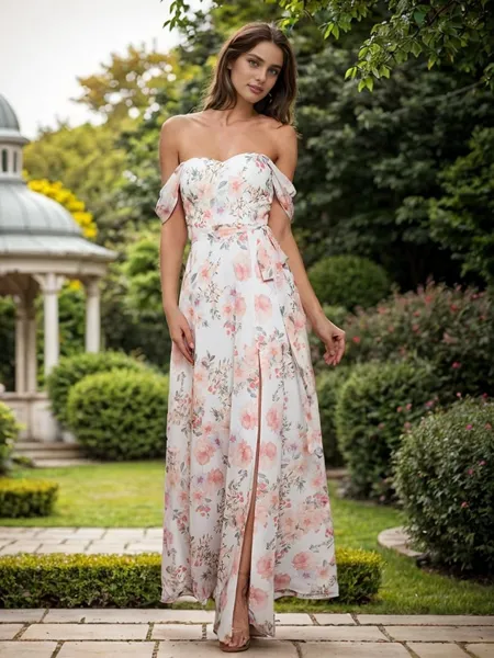 A-linje Drömmande Off-shoulder Golvlång Chiffong Brudtärneklänningar With Slit