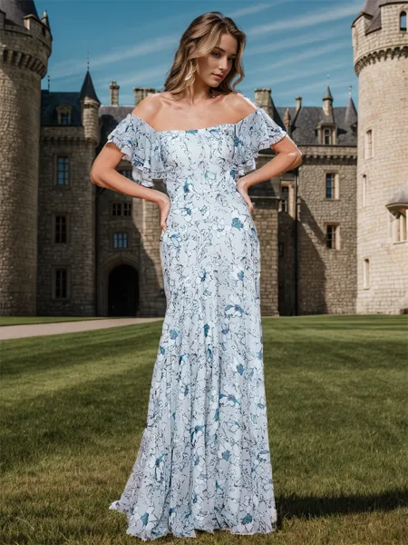 Elegant Jacka Off-shoulder Korta ärmar Golvlång Chiffong Brudtärneklänningar
