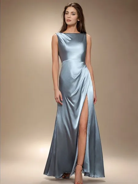 Klassisk Jacka Rund Golvlång Silke Like Satäng Brudtärneklänningar With Slit