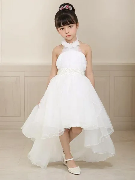 A-Linje Höghalsad Ärmlös Asymmetrisk Organza Härlig Klänning Med Blommor Med Pärlor Glht0007{N}