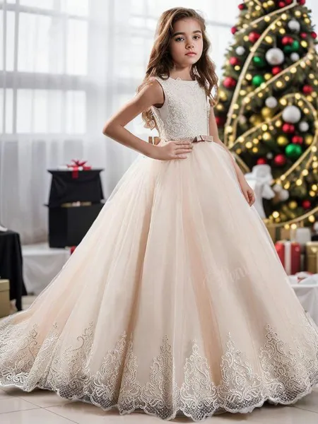 Balklänning Princess Jewel Ärmlöst Sweep Train Precious Tyll Flower Girl Klänning Med Spets