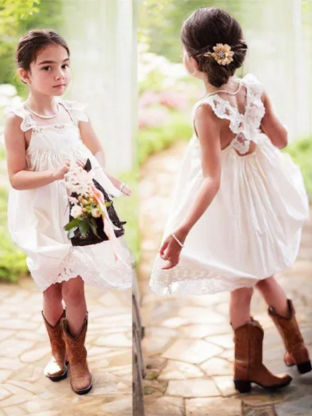 A-Linje Fyrkantig Ärmlös Innocent Knälång Stretch Crepe Flower Girl Klänning Med Spets