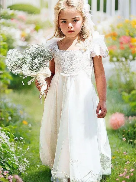 Förtrollande A-Linje Fyrkantig Kort Ärm Golvlång Chiffong Flower Girl Klänning Med Spets