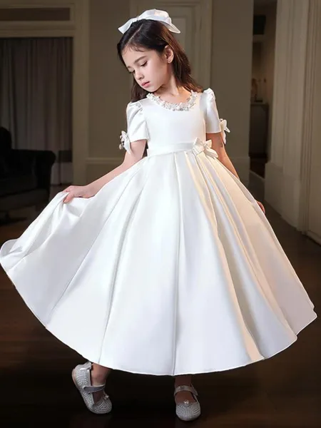 A-Linje Jewel Kortärmad Nyckig Te-Lång Satin Flower Girl Klänning