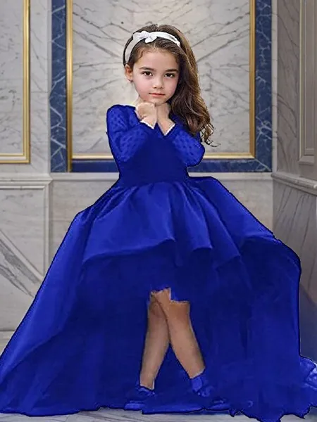 Balklänning Skopa Långärmad Court Train Bedårande Satin Flower Girl Klänning Med Skärp