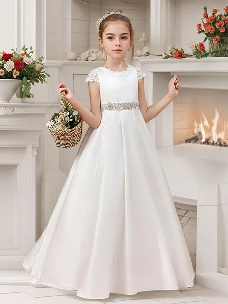 A-Line Skopa Nyckfull Kortärmad Sweep Train Satin Flower Girl Klänning