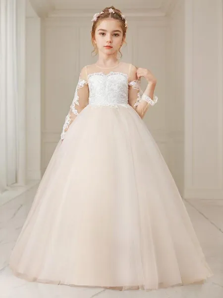Balklänning Princess Skopa Långärmad Festlig Sweep Train Tyll Flower Girl Klänning