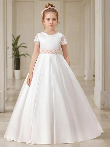 Söt Balklänning Scoop Kortärmad Sweep Train Satin Flower Girl Klänning