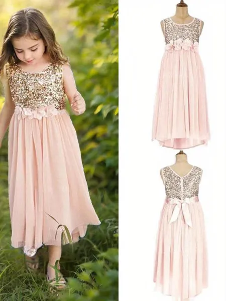 A-Linje Innocent Skopa Ärmlös Asymmetrisk Chiffong Flower Girl Klänning Med Paljetter