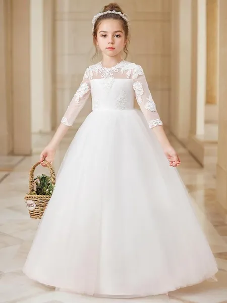 Balklänning Princess Rund 3/4 Ärmar Golvlång Tyll Nyckfull Klänningar för Brudnäbb