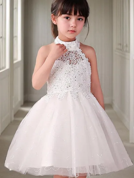 A-Linje Princess Grimma Ärmlös Lekfull Knälång Blomstertjejklänning I Tyll Med Pärlor
