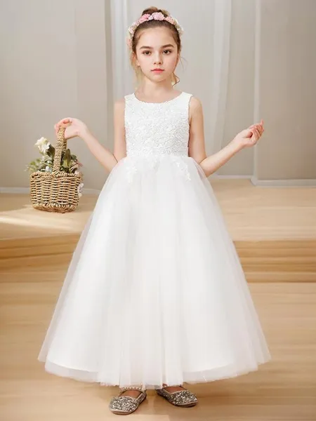A-Linje Princess Skopa Ärmlös Ankellång Oskyldig Tyll Flower Girl Klänning