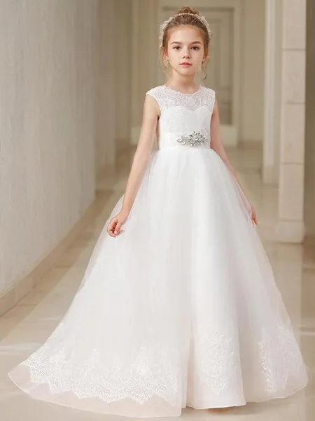 A-Linje Princess Skopa Ärmlös Sweep Train Finurlig Tyll Flower Girl Klänning