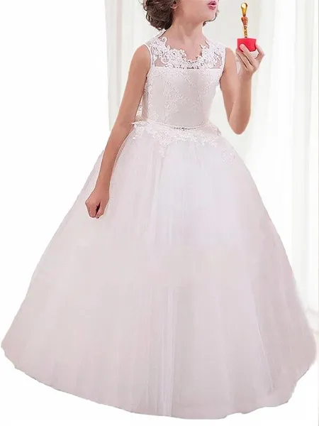 Balklänning Princess Charming Jewel Ärmlös Golvlång Blomstertjejklänning I Tyll Med Applikation