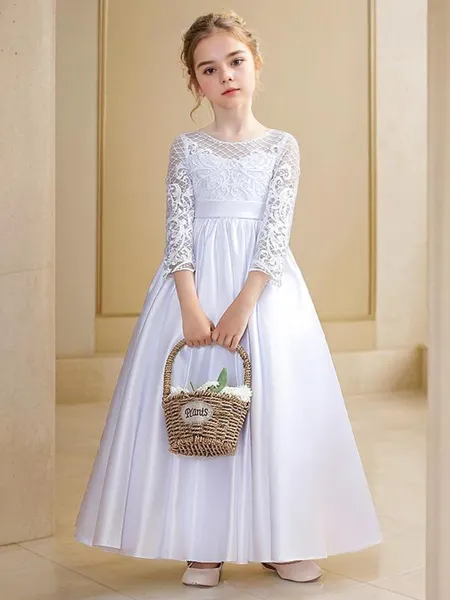 A-Linje Skopa 3/4 Ärmar Ankellång Änglalik Satin Flower Girl Klänning