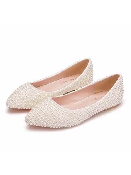 Kvinnors Pu Sluten Tå Med Pearl Flat Heel Flat Skor
