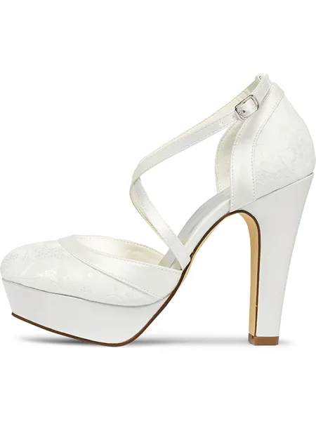 Kvinnors Satäng Closed Toe With Spets Chunky Heel Bröllopsskor