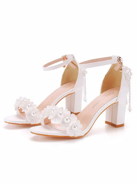 Kvinnors Pu Med Blomma Peep Toe Chunky Heel Bröllopsskor