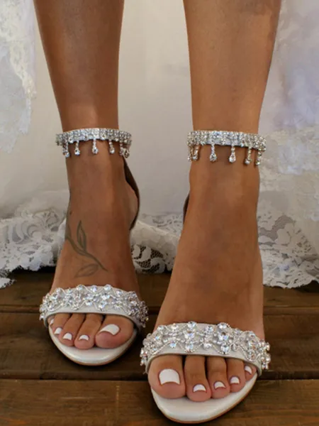 Kvinnors Pu Med Rhinestone Peep Toe Chunky Heel Bröllopsskor