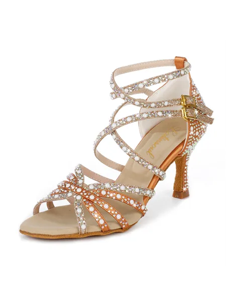 Damskor med stilettohäl och peep toe i satin med strass