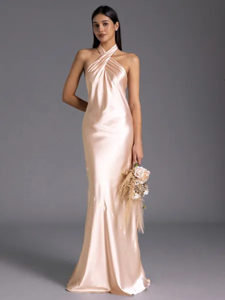 Regal Jacka Grimma Pleated Golvlång Silk Like Satäng Brudtärneklänningar